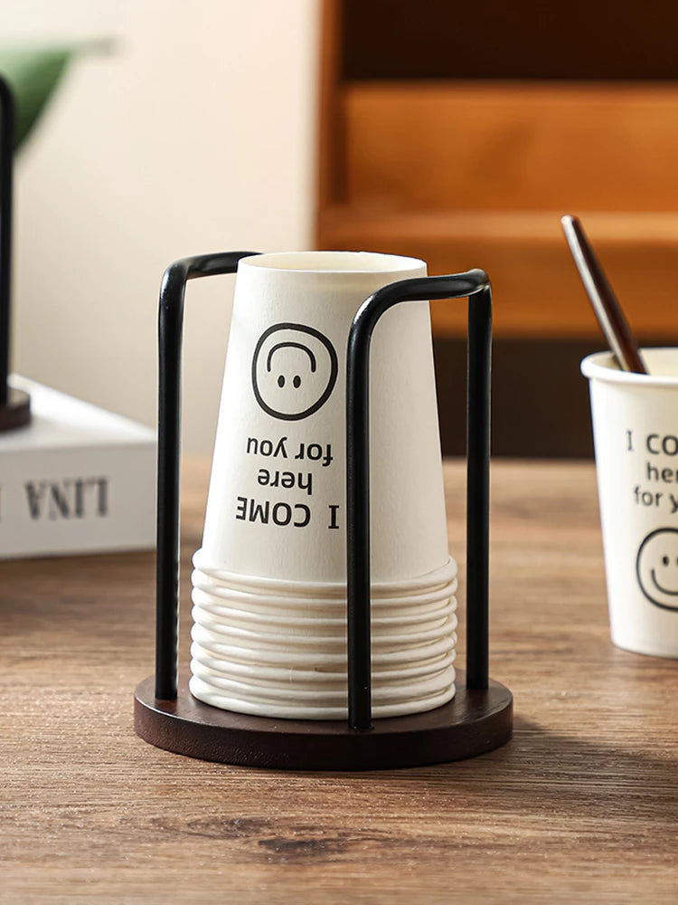 Wooden Disposable Cup Dispenser with Long Stick Tea Water Cup Storage Holder Rack Shelf Mug Display Stand Organizer for Home