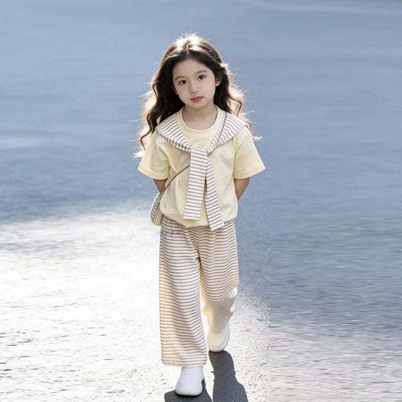New Girls Summer Sets Children Casual Printed T-Shirt Suit Kids Short-Sleeve Top+Shorts Pcs Outfits Teenager Fashion Clothes