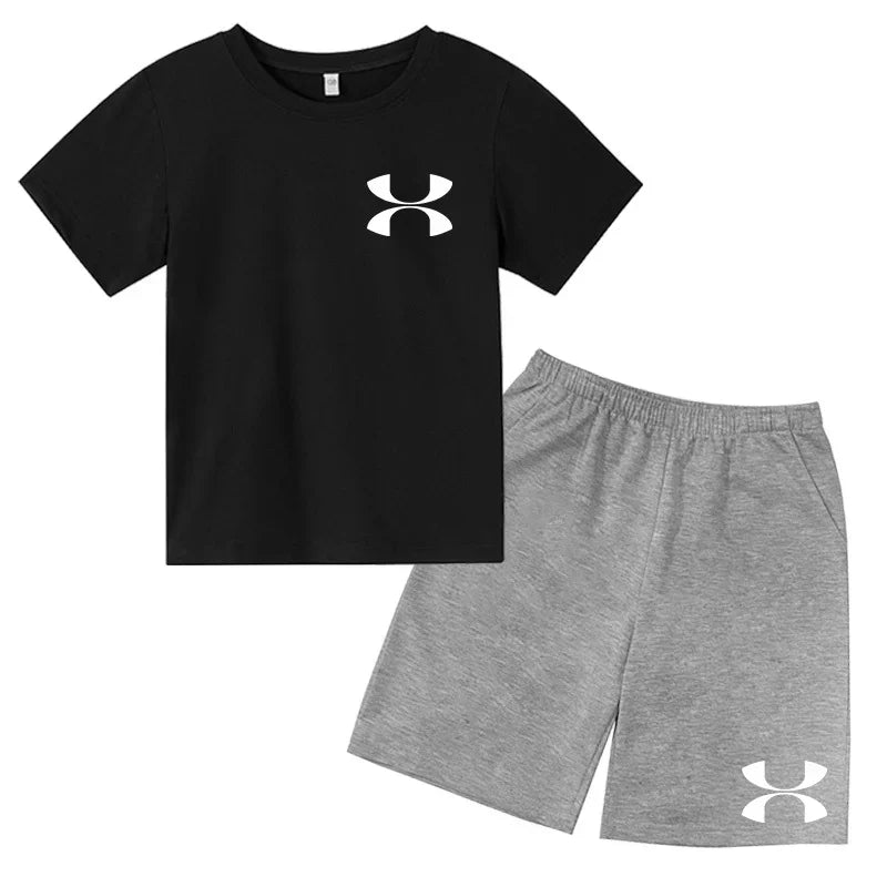 Kids Brand T-shirt Summer Clothes Letters Round Neck Fashion Short-sleeved+Shorts Two-piece Set Boy Girl 3-12Y Casual Sports Set