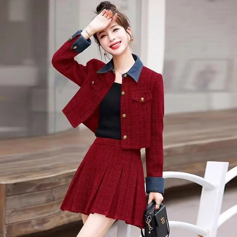 Women's Autumn Winter Short Splicing Coat High Waist Pleated Skirt Set Korean Style Floral Print Breathable Polyester Fiber