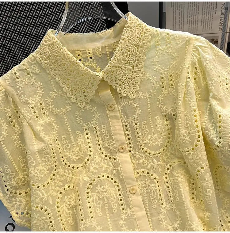Elegant European Summer 2025 New Design Sense Small Hollow out Embroidery  Collar Top Versatile Match Korean Style Loose Fit
