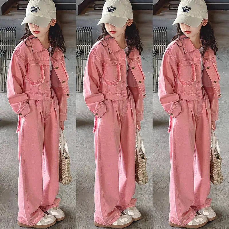 2025 Spring Autumn New Girls Clothing Set Teen Girls Solid Color Denim Jacket+Wide Leg Pants 2Pcs  For 4-12Y Kids Fashion Outfit