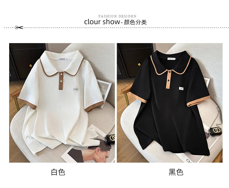 175Kg Plus Size Women's Bust 170 Summer Loose Lapel Top Short Sleeve T-Shirt Black White 6XL 7XL 8XL 9XL 10XL 11xl