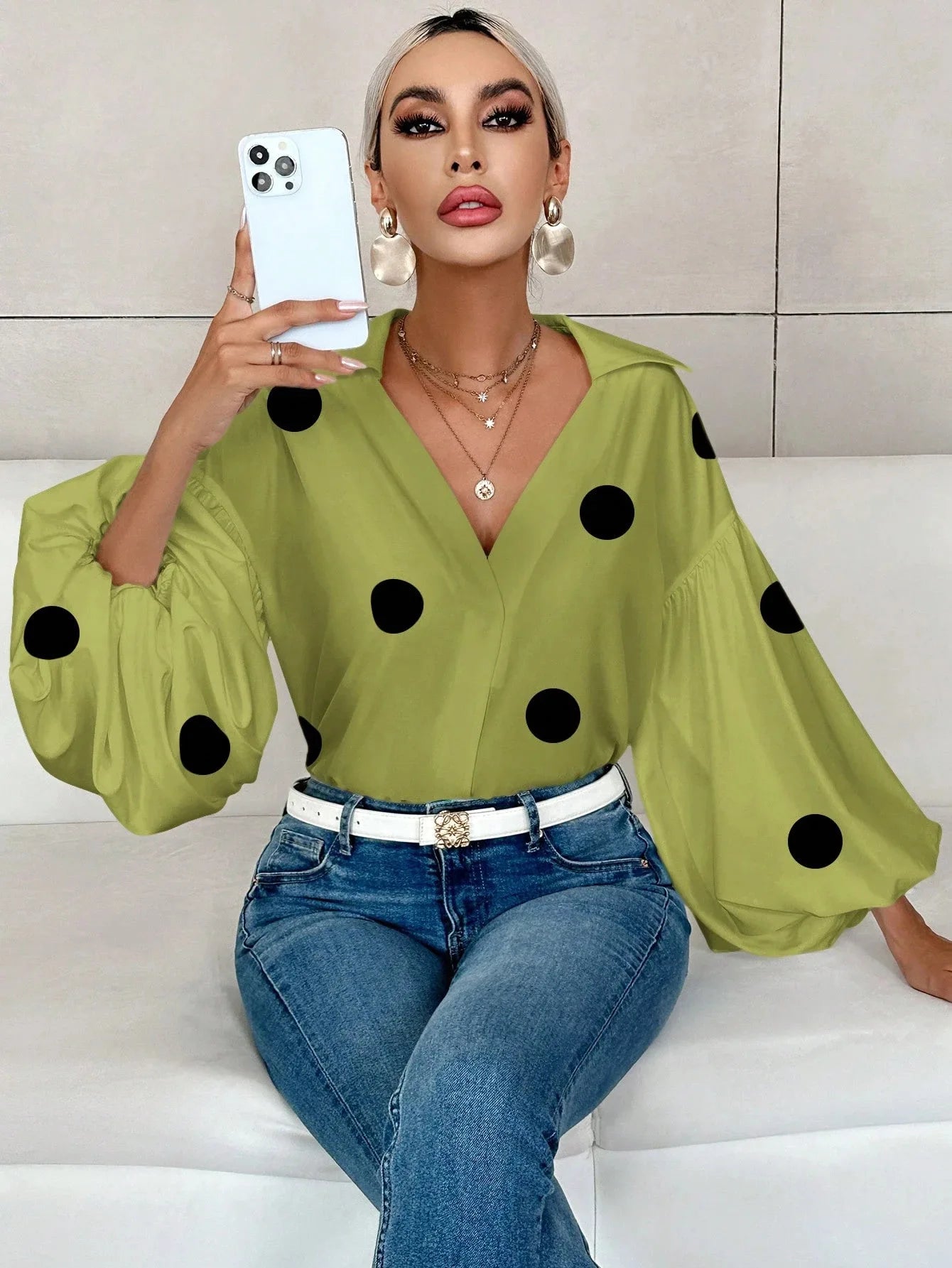 Boho Women's Blouses Spring Fall New Fashion French Polka Dot Half-neck Design Loose Puff Long-sleeve Top Casual Shirts Women