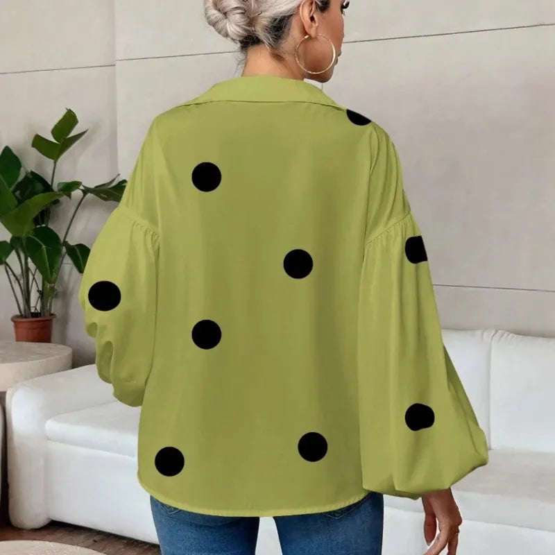 Boho Women's Blouses Spring Fall New Fashion French Polka Dot Half-neck Design Loose Puff Long-sleeve Top Casual Shirts Women