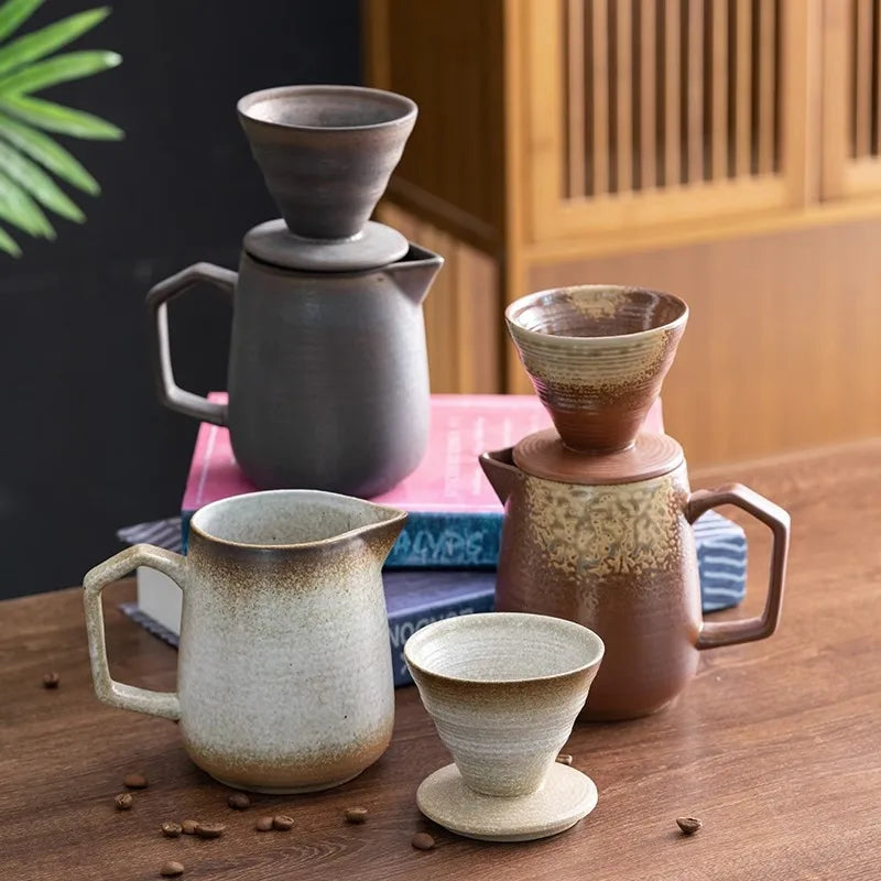 Retro coarse pottery coffee pot drip brewing set gradual change manual filter cup V60 hand brewing coffee set