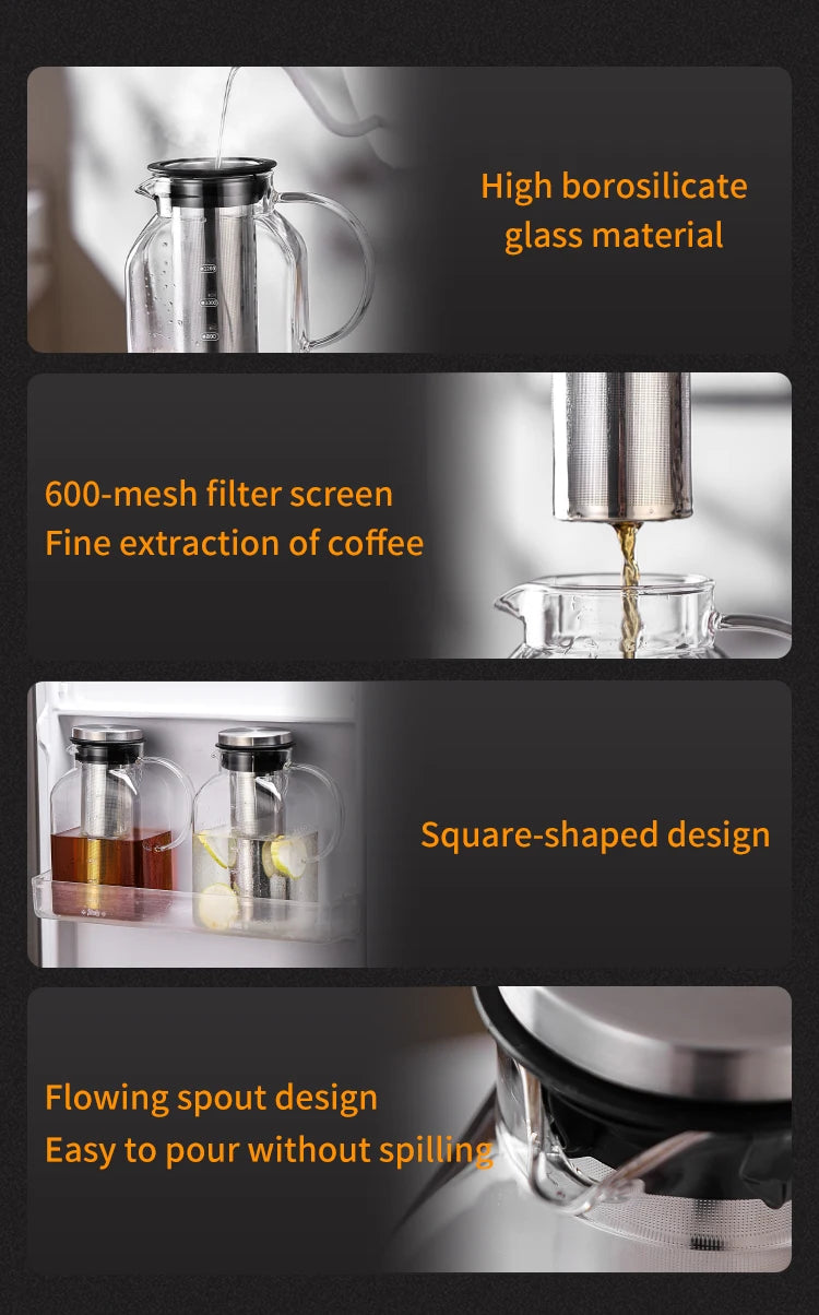 Bincoo 1200ML Glass Cold Brew Coffee Pot with double-layer Filter Cups Water Bottle Extracted Espresso Coffee Maker Juice Kettle