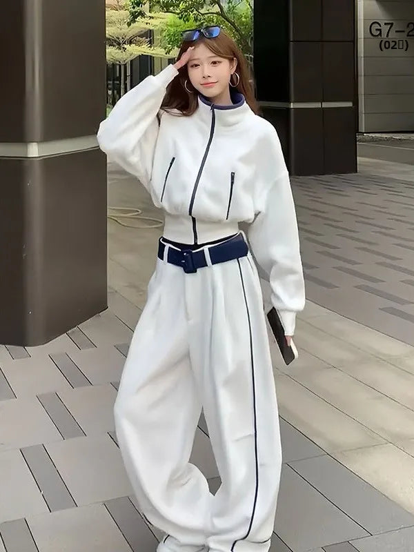 Korean Style Fashionable Set Women's Autumn Winter Design Collar Top Wide Leg Pants Two Piece Set Casual High Waist Polyester...