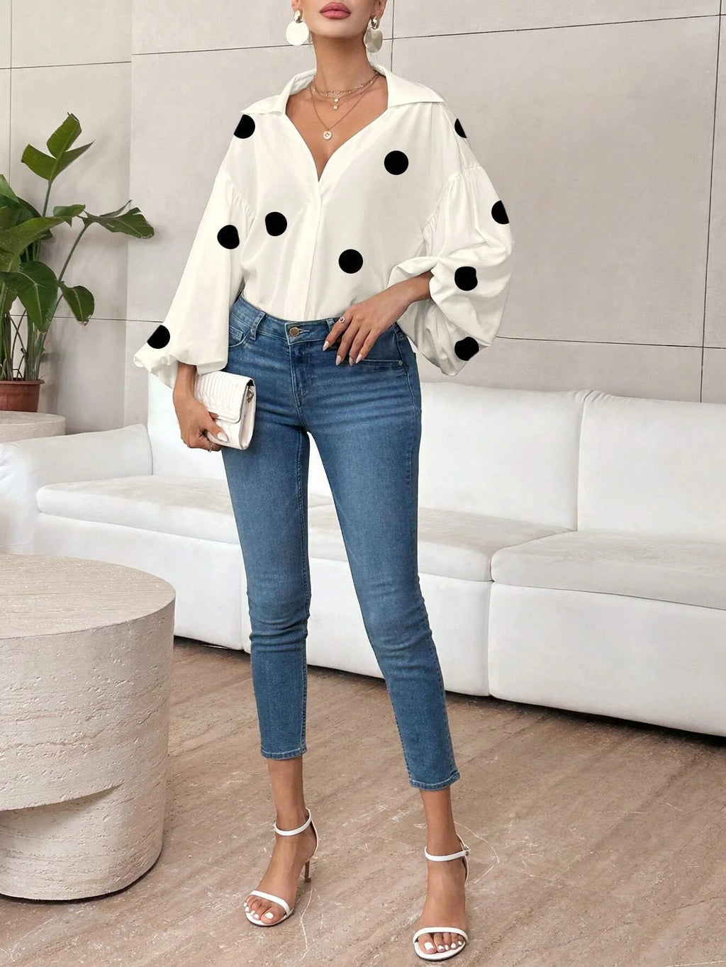 Boho Women's Blouses Spring Fall New Fashion French Polka Dot Half-neck Design Loose Puff Long-sleeve Top Casual Shirts Women