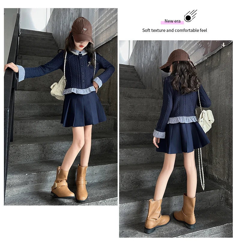 teen girls college style clothes set Striped patchwork ruffle hem tops jacket+Pleated skirt 2pcs junior kids suit child outfits