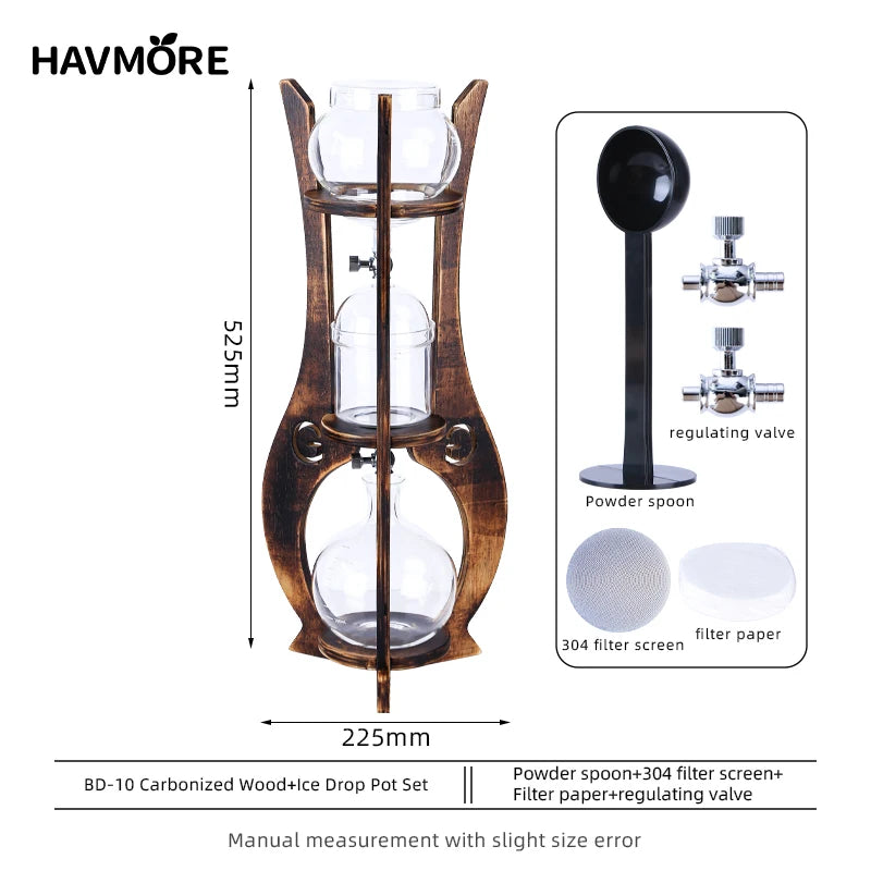 Home Wooden Stand Borosilicate Glass Ice Drop Pot Iced Cold Tower Drip Commercial Cold Brew Coffee Maker
