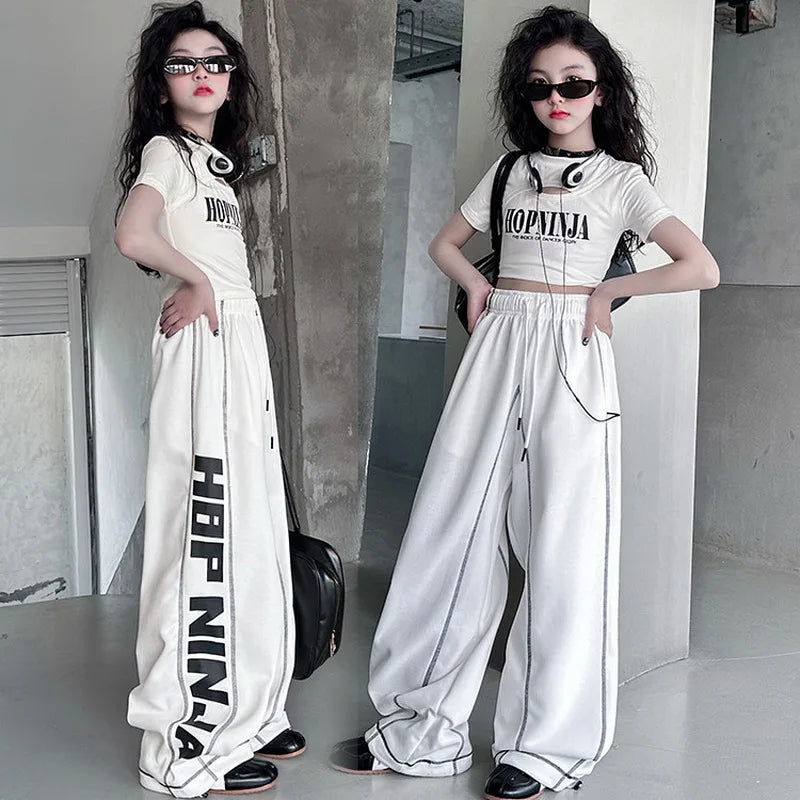 Summer teen girl Hip Hop Jazz Street Dance Costume Suit Cool Print Hollow Short T-shirt+Casual Sports Pants Set Child Outfits