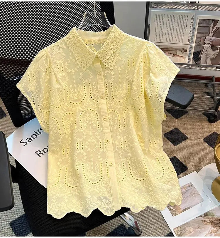 Elegant European Summer 2025 New Design Sense Small Hollow out Embroidery  Collar Top Versatile Match Korean Style Loose Fit
