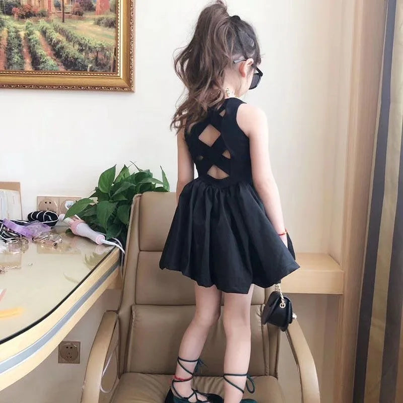 2024 Summer Girls Elegant Goth Dresss Black Sleeveless Tutu Dress Backless Off Shoulder Party Kid Dresses 2 3 4 5 6 8 Years Old
