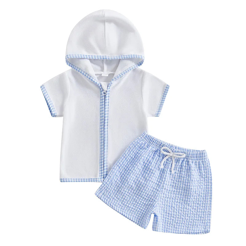 Toddler Kids Baby Girls Boys Summer Clothing Sets Short Sleeve Zipper Hood Tops with Plaid Print Shorts Beach Cover Up Outfits