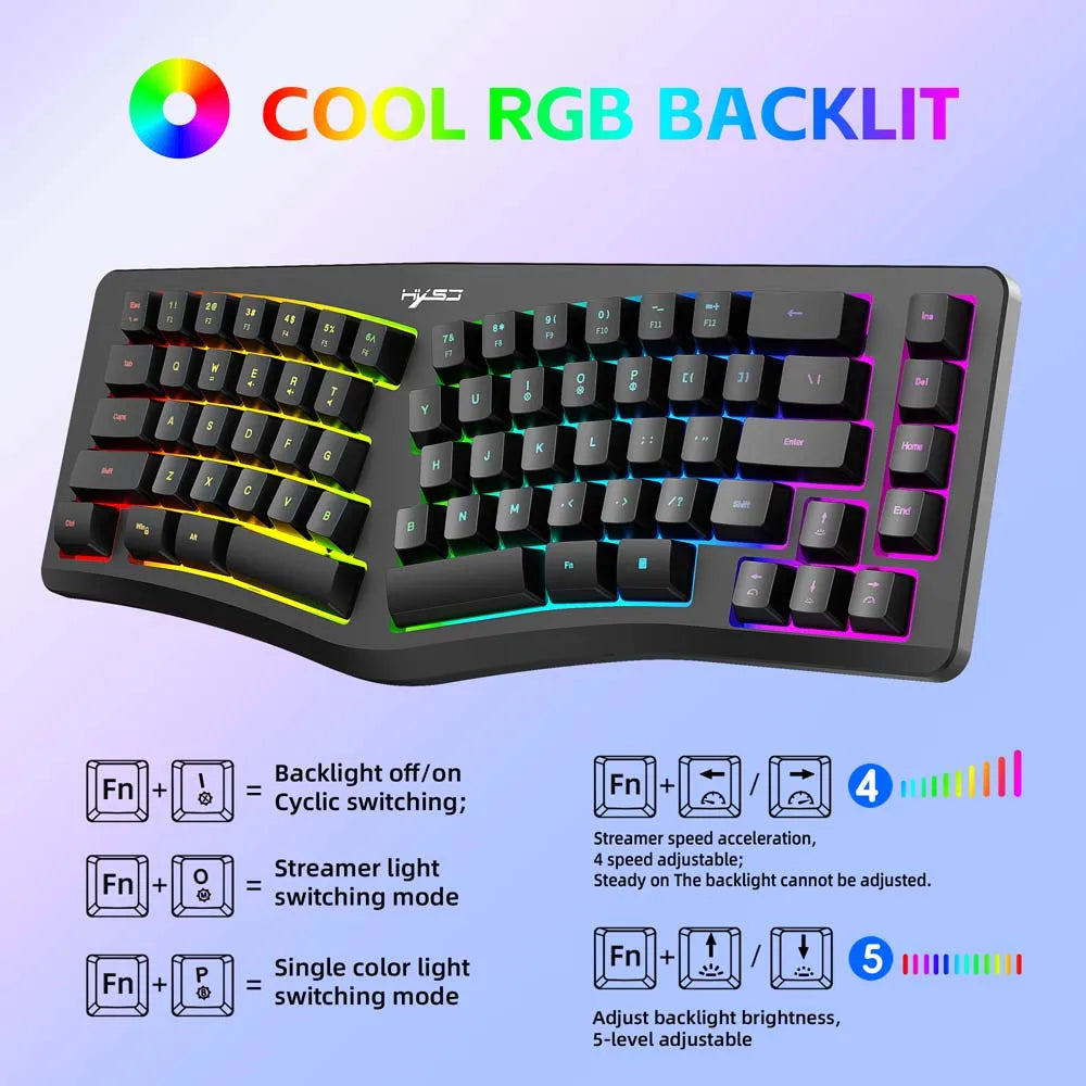 69 Keys Gaming Keyboard Creative Wave Shape Ergonimic Keyboard Office Relax Hand Wrist RGB Colorful Light Type C Wired Keyboard