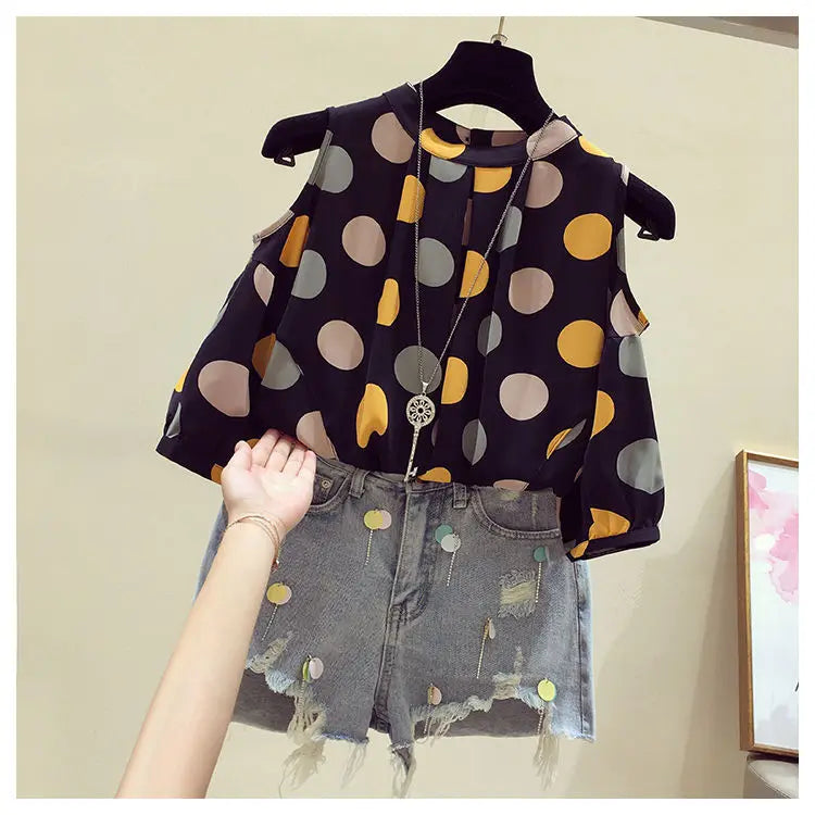 Oversize Summer Polka Dot Printed Chiffon Blouses Women Round Neck Patchwork Short Sleeve Shirt Off Shoulder Tops Female Clothes