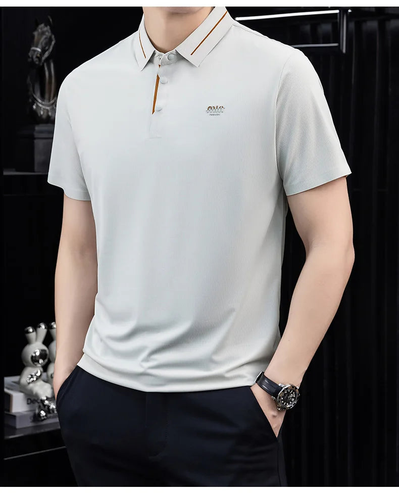 Luxury brand ice silk short sleeve polo shirt men's summer fashion letter embossed comfort breathable leisure high-end T-shirt