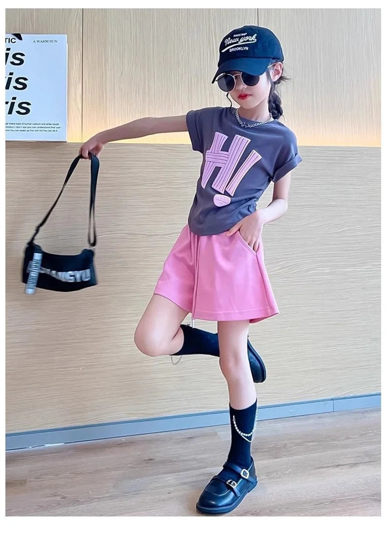 New Girls Short Sleeve Sets Summer Letter T-Shirt Tops+Shorts 2Pcs Suits Kids Clothes Sport Casual Straight Outfits 3-12 Years