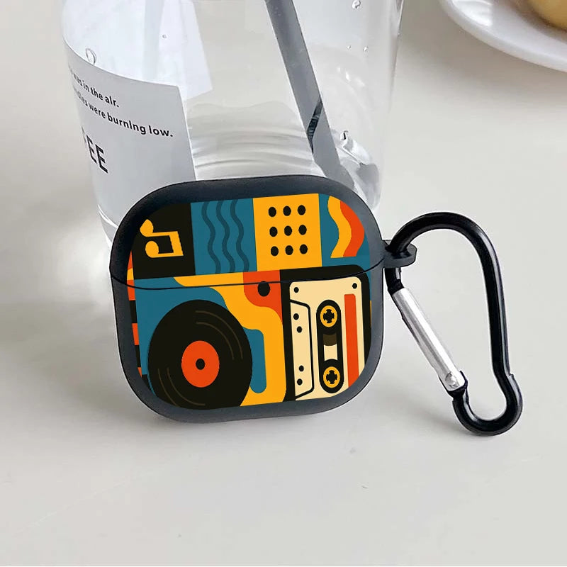 Trendy Retro Music Pattern Earbuds Case For AirPods 4/3/2/1 Case For AirPods Pro 3/Pro 2/Pro TPU Protective Cover with Keychain