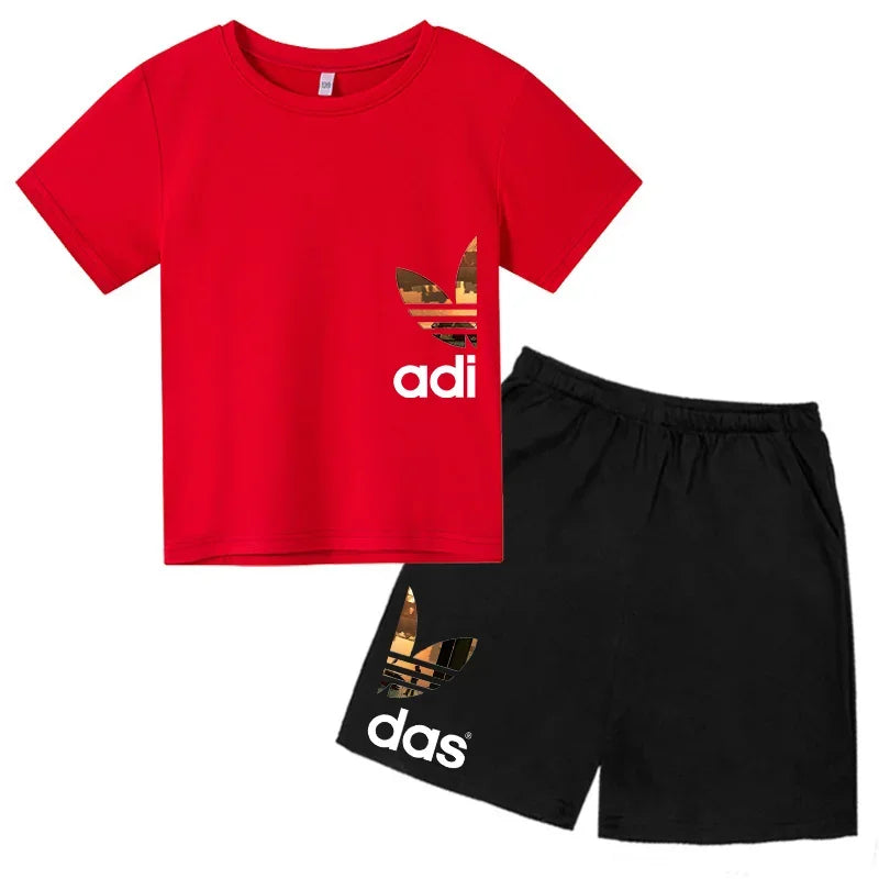 Summer 3-13Y Kids Fashion Creative Sports Outdoor Print Short Sleeve T-Shirt & Shorts Set - Stylish Children's 2-Piece Activewea