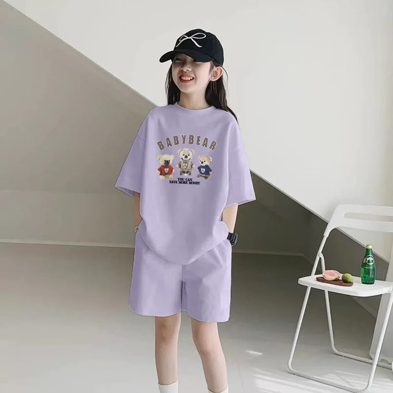 2026 SUMMER children set Girls Clothes sport tracksuit teenager bear letter T-shirt + shorts hot pant 4 5 7 8 9 10 11 12 years