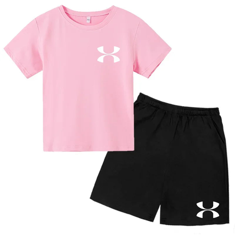 Kids Brand T-shirt Summer Clothes Letters Round Neck Fashion Short-sleeved+Shorts Two-piece Set Boy Girl 3-12Y Casual Sports Set