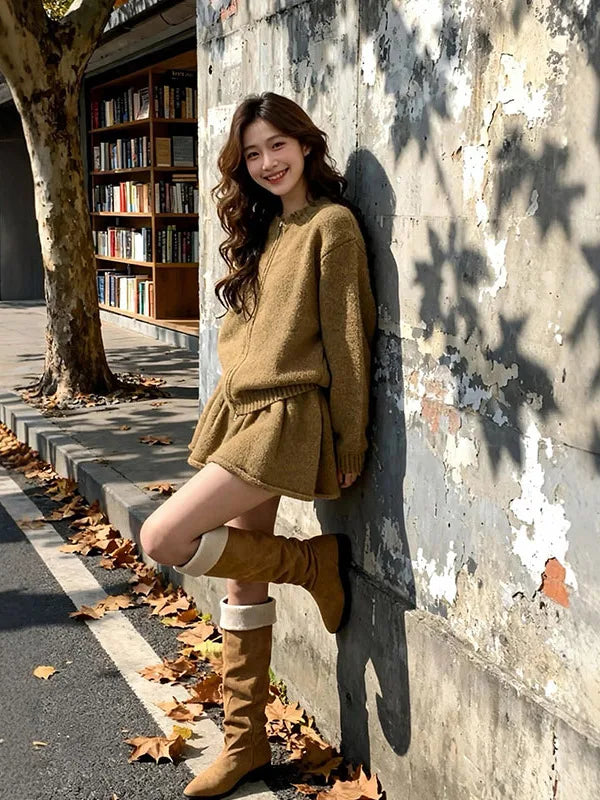 Korean Style Women's Knitted Cardigan And Short Skirt Two-Piece Set Warm And Fashionable Autumn Winter Outfit High Waist Skirt