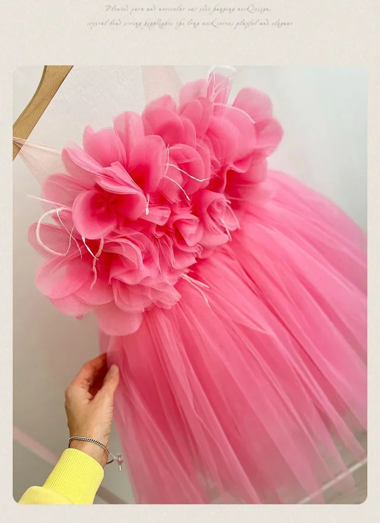 Girl Clothes Children's Flower Dress Wedding Princess Dresses Little Girls Pink Blue Strap Tulle Tutu Skirt Purple Spaghetti