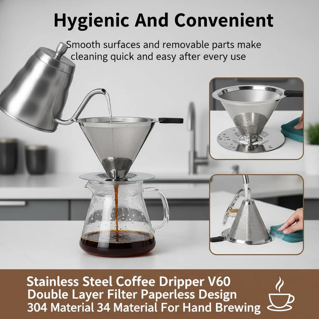 V60 Stainless Steel Coffee Filter Cone Double Layer Paperless Design 304 Material for Pour Over Brewing Large Capacity