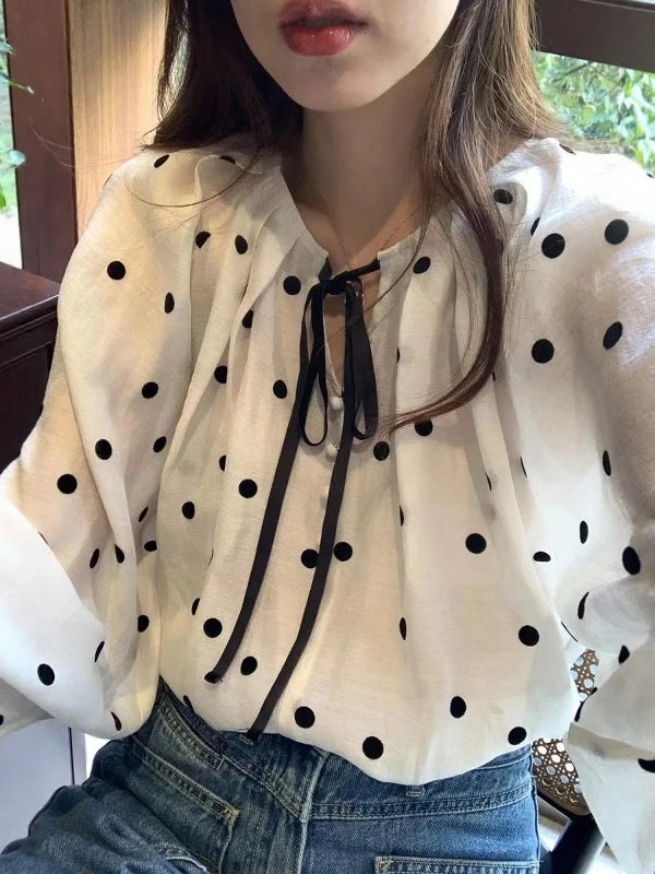 Sweet French Style Polka Dot Bubble Sleeve Sun Protection Shirt Women Spring Summer Fashion Anti Aging Doll Top Silk Blouse