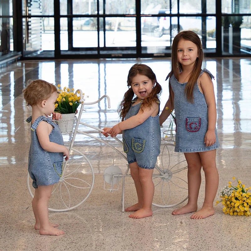 6m-12t 2024 New Summer Spring Denim Famliy Clothing Set Girls Suspender Dress Skirt Baby Sleeveless Romper Overall Boys Shirt