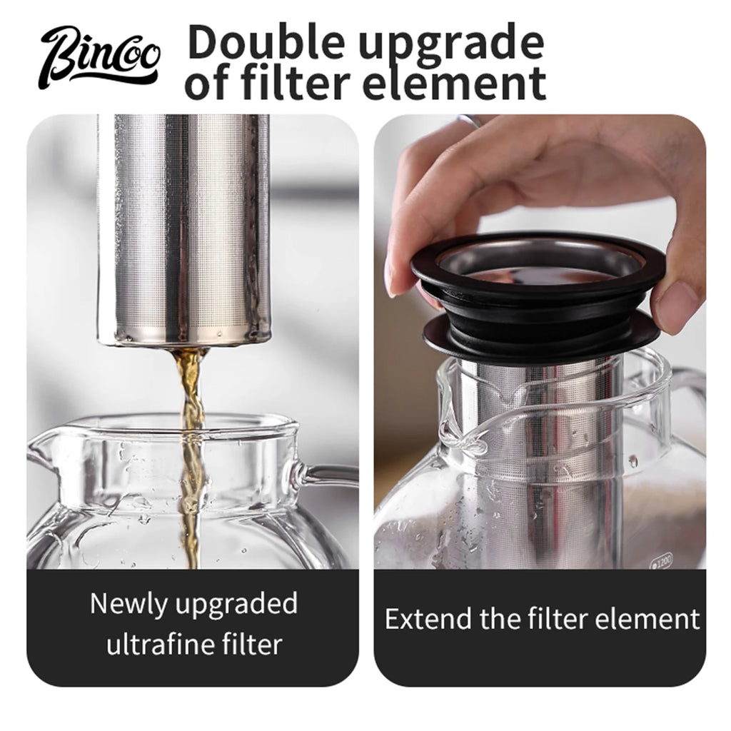 Bincoo 1200ML Glass Cold Brew Coffee Pot with double-layer Filter Cups Water Bottle Extracted Espresso Coffee Maker Juice Kettle