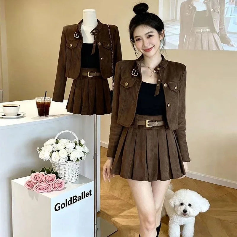 Fashionable Short Outerwear And Half-length Pleated Skirt Set Women's Spring 2026 Stylish Slimming Ensemble Casual Style