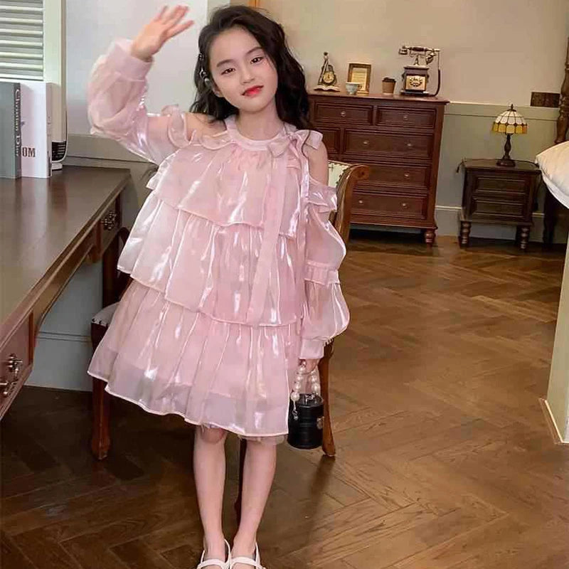 2025 Summer New Girls Dress Pink Off Shoulder Long Sleeve Halterneck Princess Dress For 2-10 Years Teen Girls Grace Fashion Dres