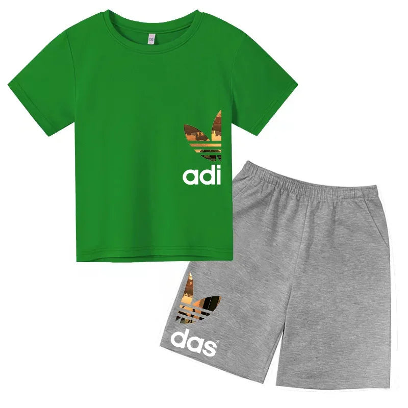 Summer 3-13Y Kids Fashion Creative Sports Outdoor Print Short Sleeve T-Shirt & Shorts Set - Stylish Children's 2-Piece Activewea