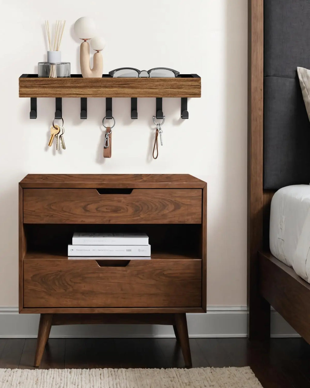 Rustic Wooden Floating Shelf with 6 Hooks Shower Caddy and Key Holder Nordic Style Storage Organizer for Home Bedroom Bathroom