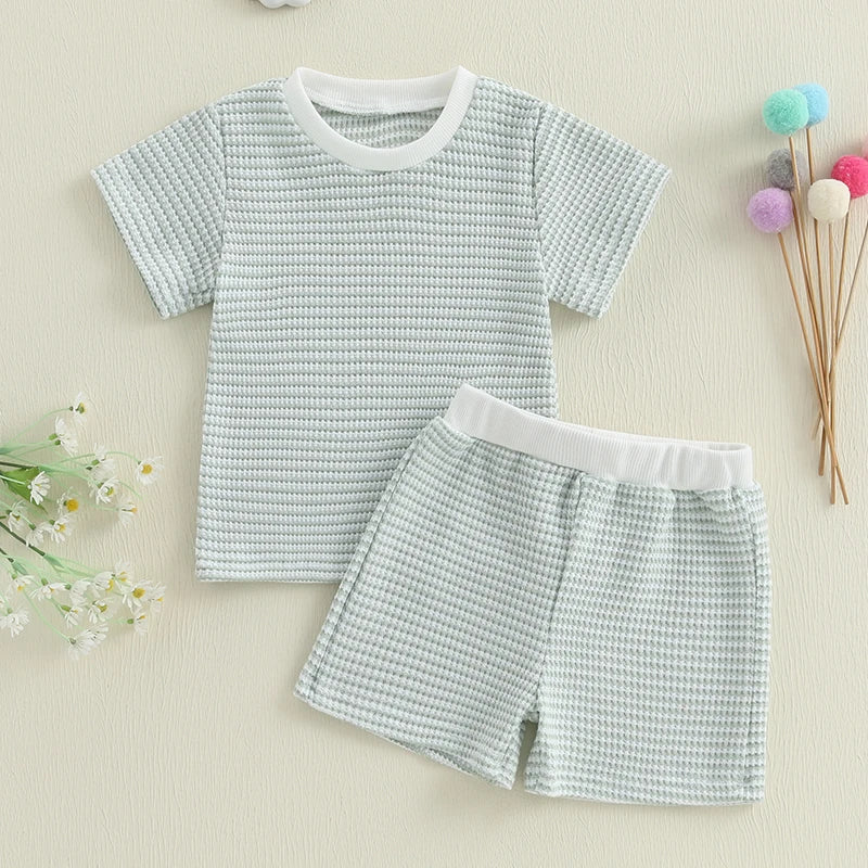 2024-12-30 Lioraitiin Toddler Baby Boys Summer Outfit Waffle Striped Short Sleeve T-shirt Elastic Waist Shorts Set