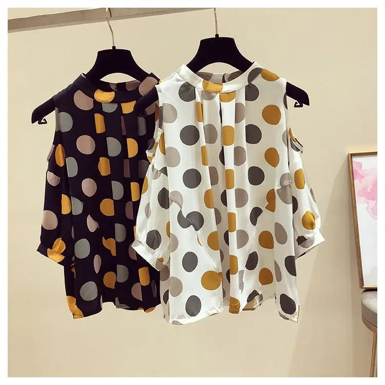 Oversize Summer Polka Dot Printed Chiffon Blouses Women Round Neck Patchwork Short Sleeve Shirt Off Shoulder Tops Female Clothes