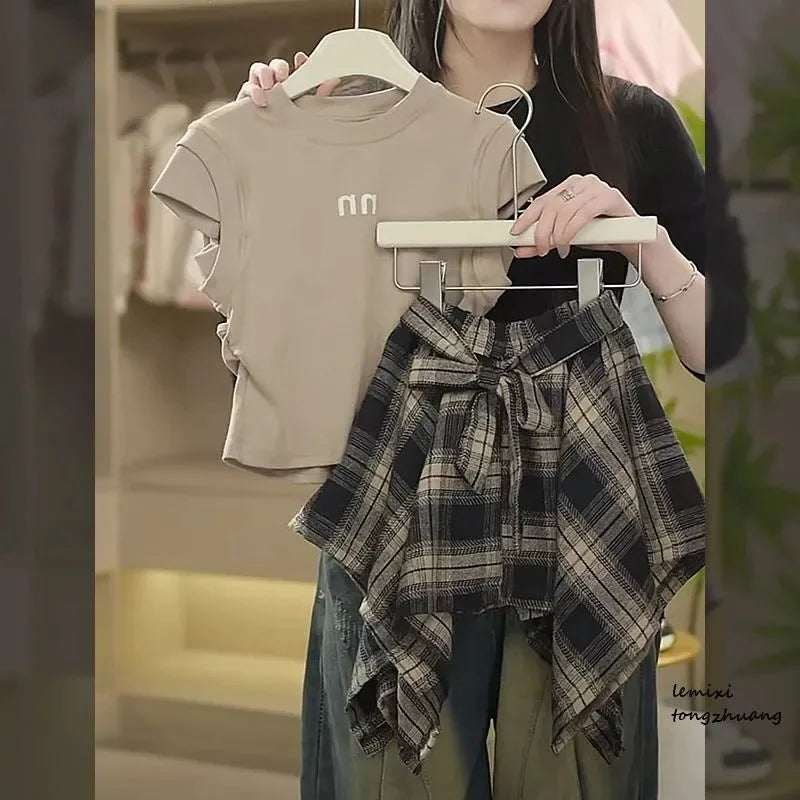 Summer Girls Clothing Set Solid Color Letter Print T-shirt+Plaid Irregular Skirt 2Pcs For 5-14 Years Teen Kids Fashion Outfit