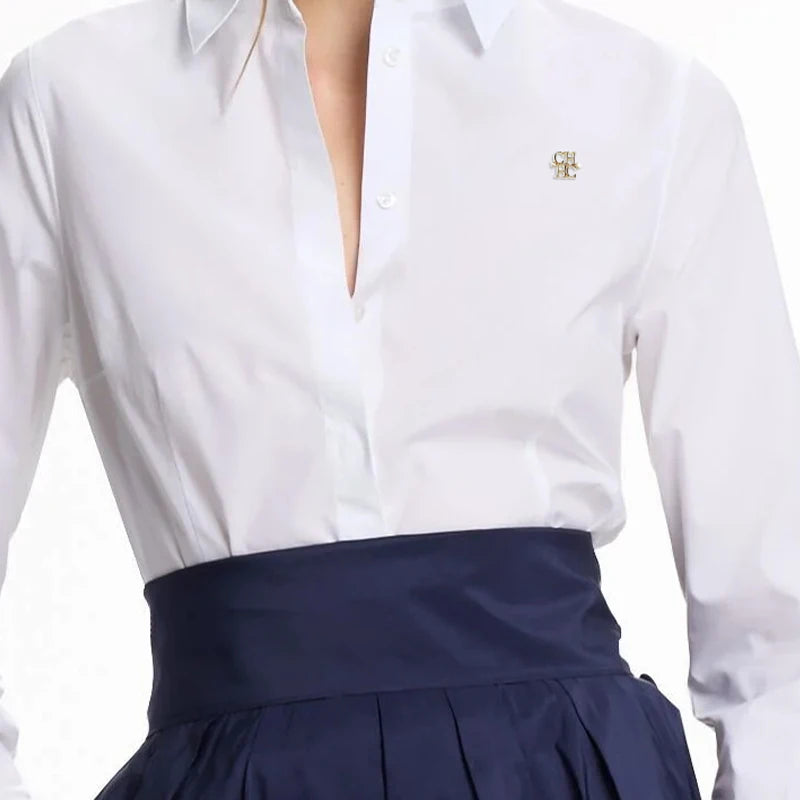 CH Fashion Women's Shirt High Quality Brand Letter Label Accessories Pure White 2025 New Women's Sexy Long Sleeve Shirt