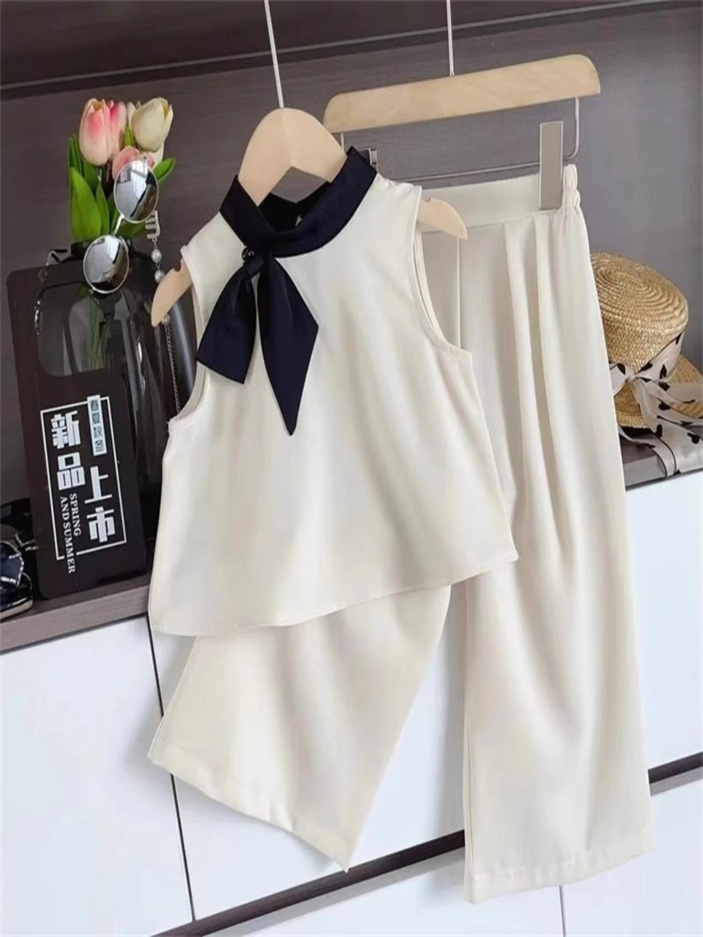 Girls Summer Chic Set – White Sleeveless Top with Bow & Wide Leg Pants, Elegant Kids Fashion Outfit for Ages 3-8