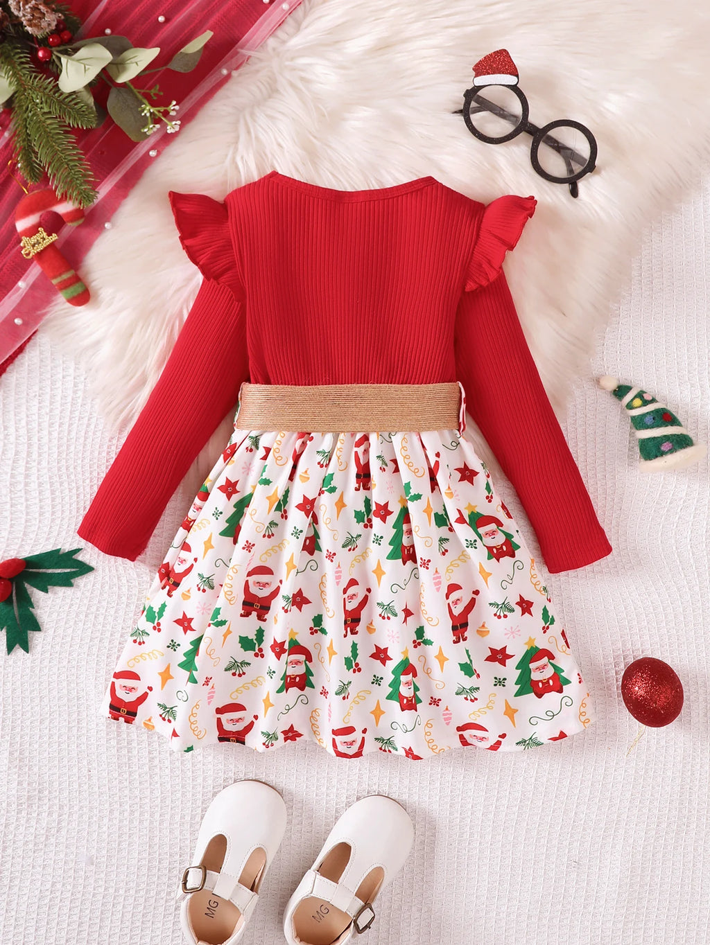 1-7 Years Children Girls New Year Dress Red Long Sleeved Flower Skirt for Birthday Wedding Party Wear Fashion Autumn Outfits
