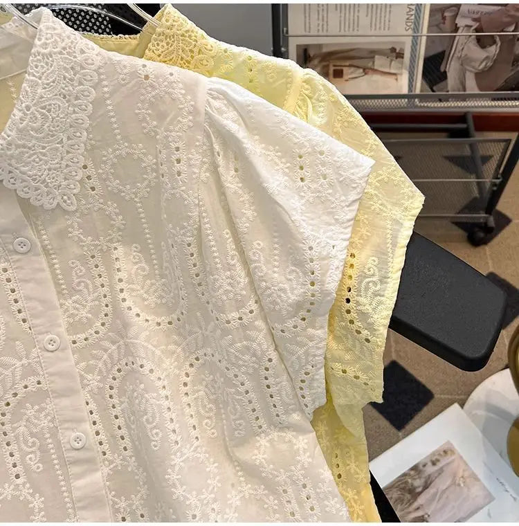 Elegant European Summer 2025 New Design Sense Small Hollow out Embroidery  Collar Top Versatile Match Korean Style Loose Fit