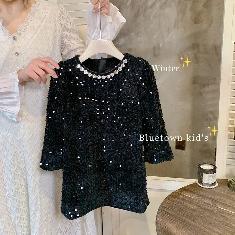 Girls' Dress Winter New Foreign Style Girls Velvet Princess Dress Children's Fashionable Sequined Heavy Industry Dress