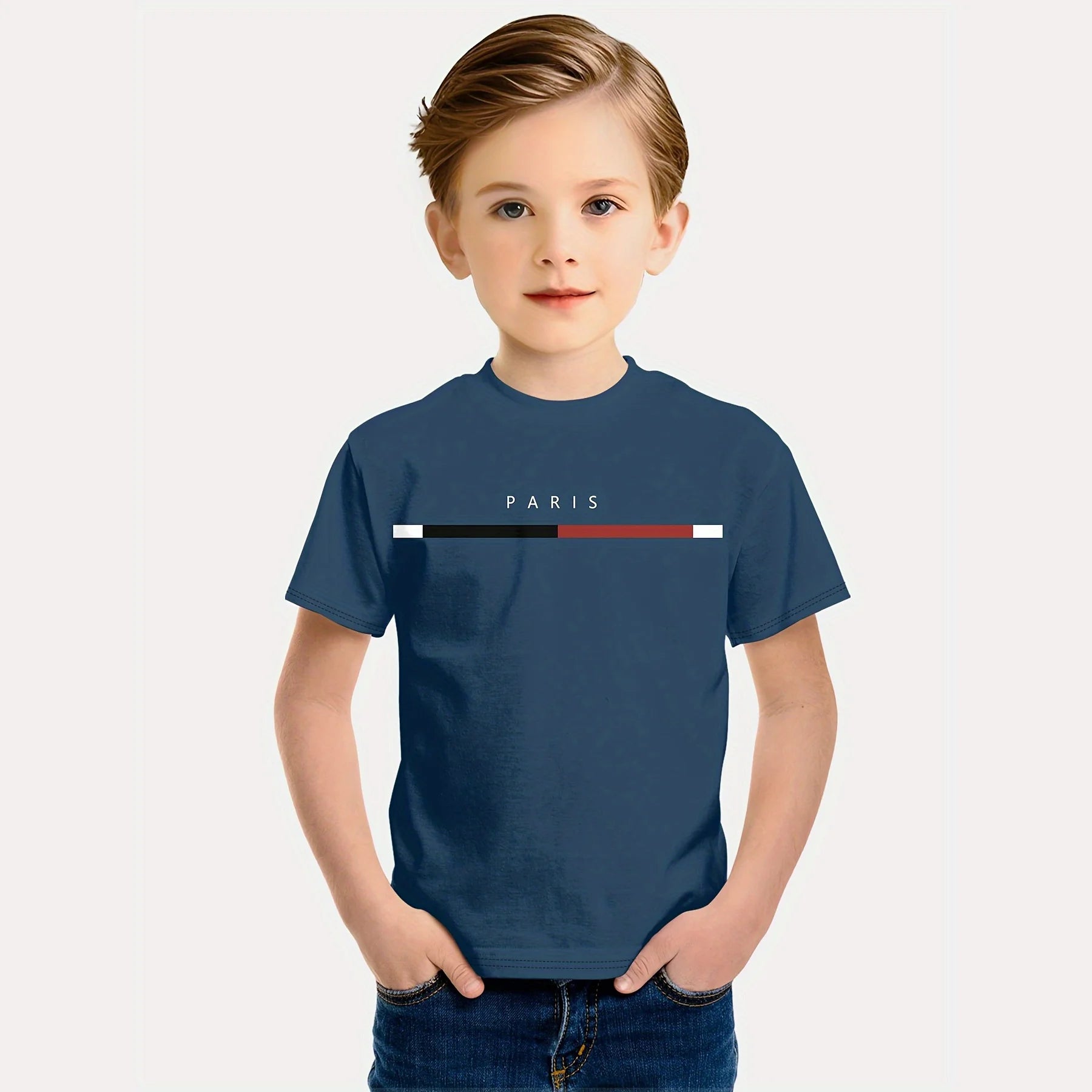 Kids Boys Clothes Simple Paris Letter Print Short Sleeve T Shirt Children Boys 2 to 9 Years Casual Comfortable Tees Children Top