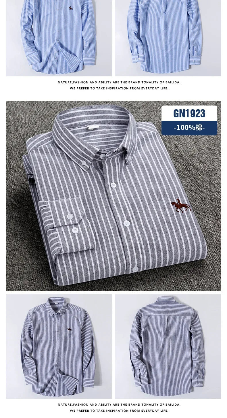 Casual cotton men's shirt slim fit horse logo bottom inch shirt Oxford spinning long sleeved striped shirt
