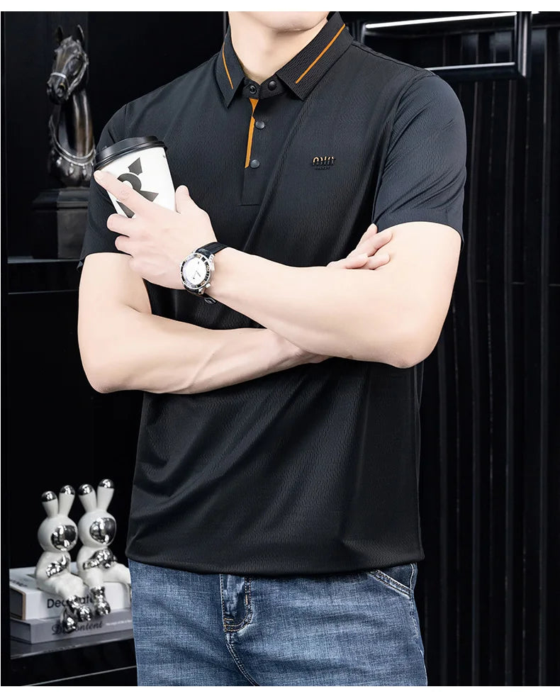 Luxury brand ice silk short sleeve polo shirt men's summer fashion letter embossed comfort breathable leisure high-end T-shirt
