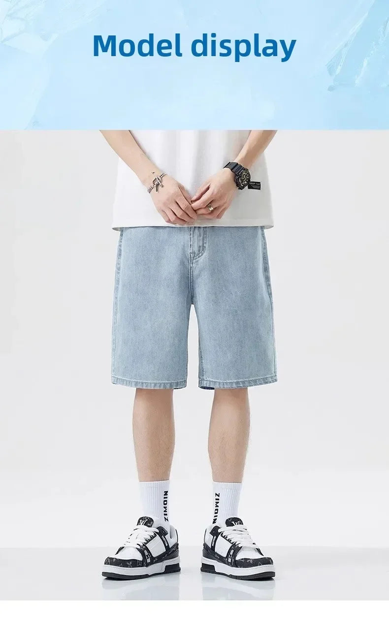 2025 Summer Classic Shorts Jeans Men Denim Pants Straight Stretch Casual Cool Thin Knee Length Blue Fashion Brand Daily Trousers