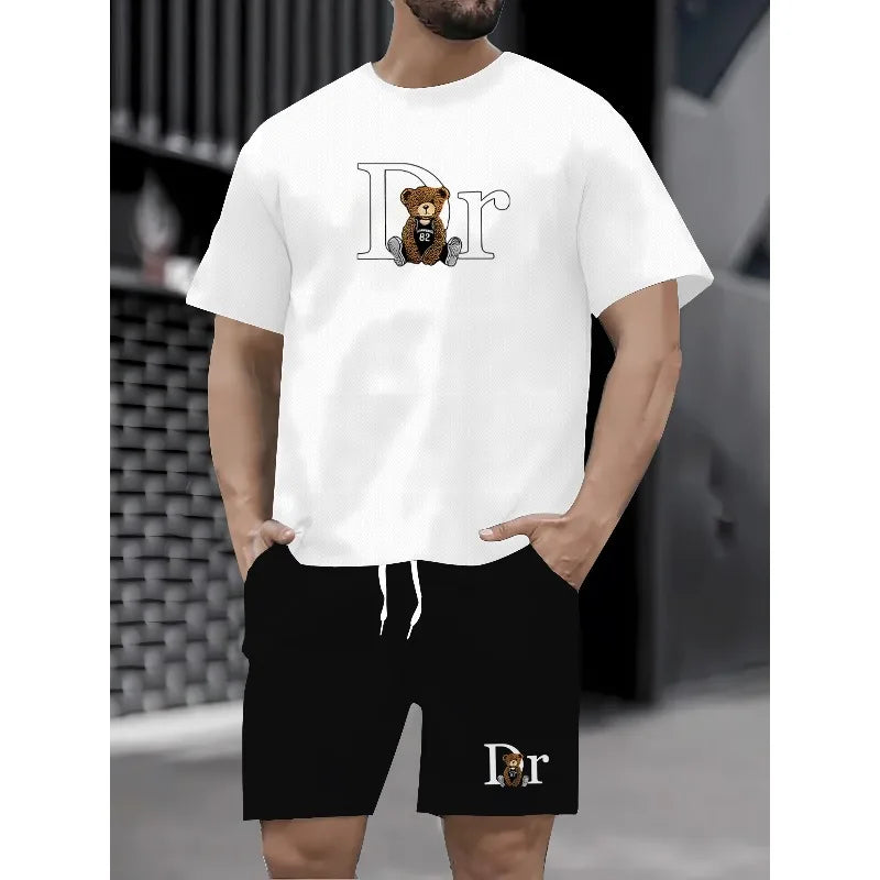 Hot selling summer new men's casual sports suit fashionable teddy bear printed T-shirt shorts 2-piece set summer men's clothing